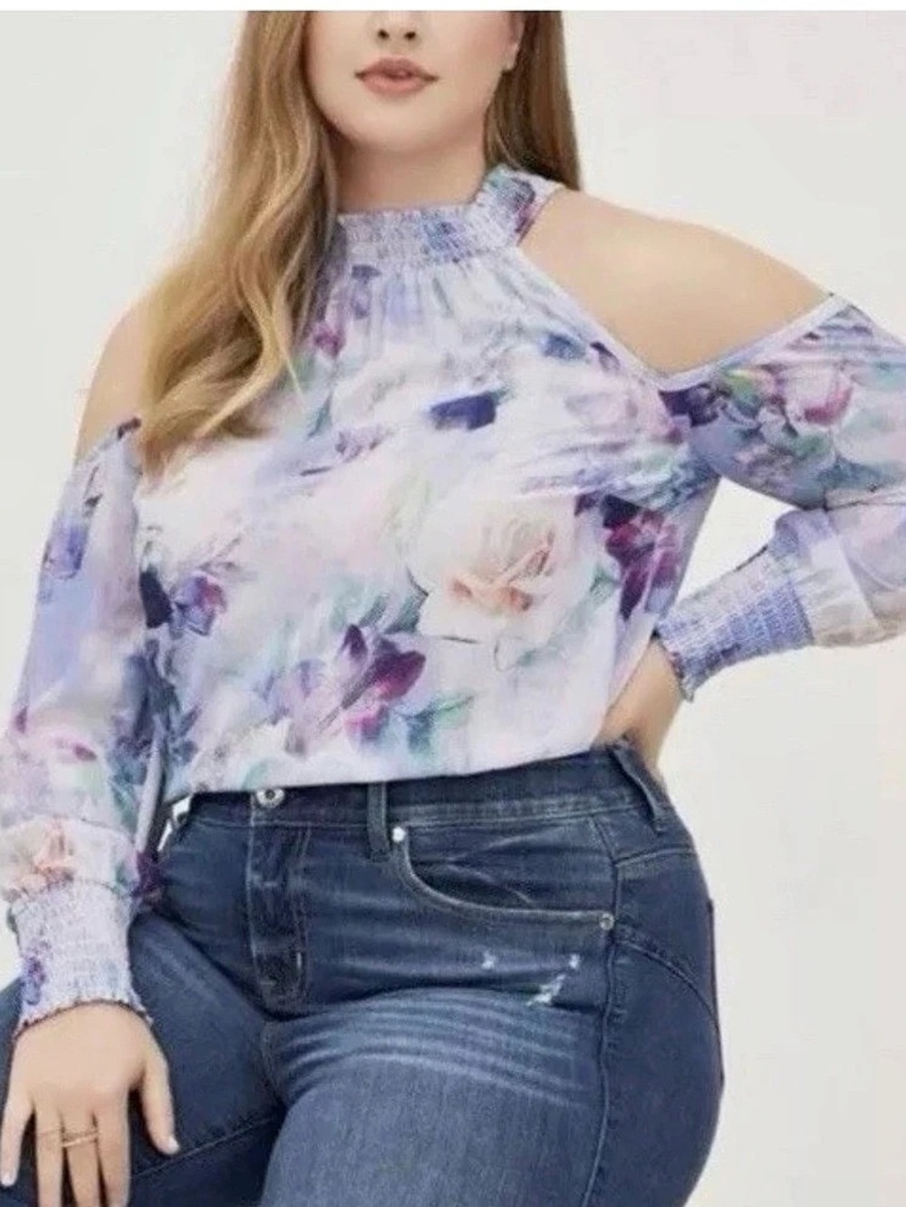 TORRID Purple Floral Smocked Neck Cold Shoulder Blouse Size 1